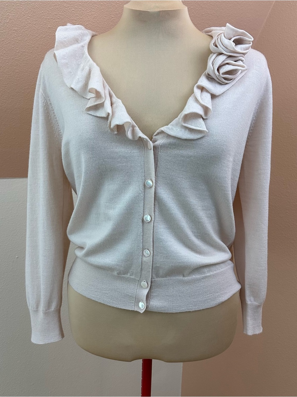 J.Crew 100% Merino Wool Ruffle Cardigan Sweater L Cream Button Front Blush Rose